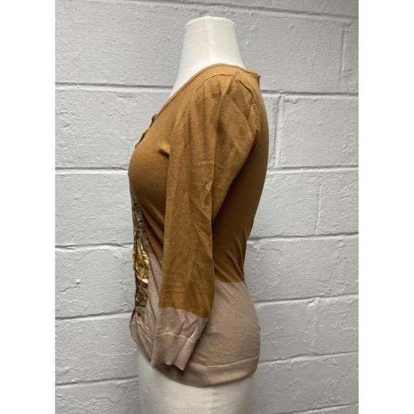 Anthropologie GUINEVERE Silk XS Cardigan Womens Large 3/4 Sleeve Orange Tan - Picture 6 of 11